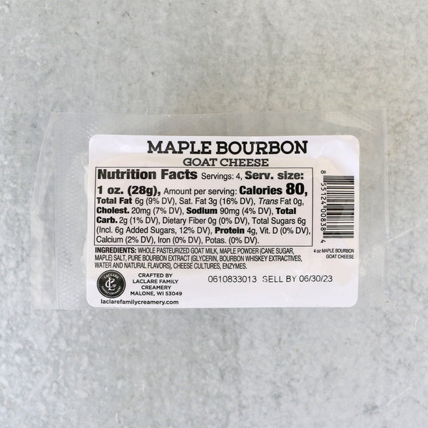 back of LaClare Maple Bourbon Goat Cheese showing ingredients and nutrition facts