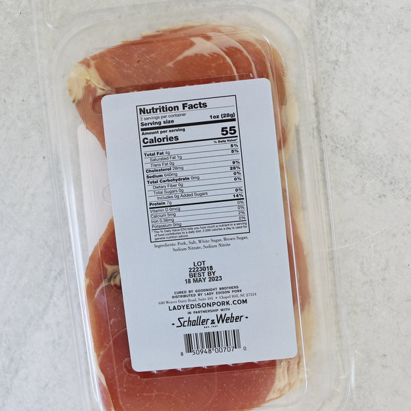 Packaged Lady Edison Extra Fancy Country Ham in a clear plastic container with branding, product, nutrition facts, and ingredients