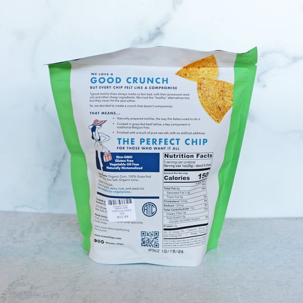 Back of a chip bag with text and nutrition facts on a light background