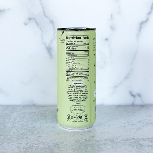 A can of Pop & Bottle Oat Milk Latte in Matcha Green Tea flavor. Showing Nutrition Facts and Ingredients. The can is green with black text and accents.