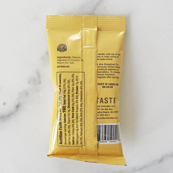 the back of a yellow 2oz snack pack of TASTE Virginia Peanuts showing nutrition facts and ingredients
