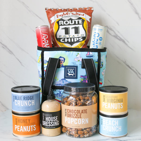 TASTE Virginia Traveler Gift included Featuring SCOUT Virginia Bag showing geographical and cultural Virginia icons on a white marble background