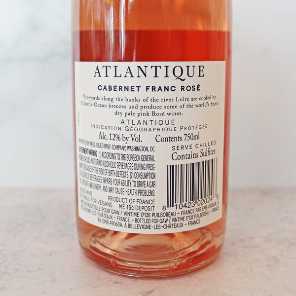 The back of a bottle of pale pink rosé wine labeled 'Cabernet Franc France 2011' from the brand Atlantique.