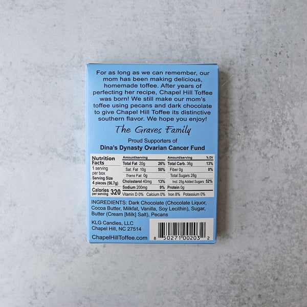 the back of a  box of Chapel Hill Toffee featuring a nutrition facts and ingredients