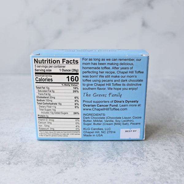 The back box of Chapel Hill Toffee with pecan and dark chocolate flavors, displaying the nutrition facts