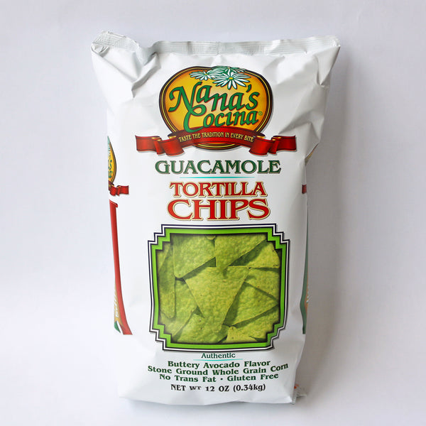 A bag of Nana's Cocina Guacamole Tortilla Chips, showing the product name and an image of the chips on the front.