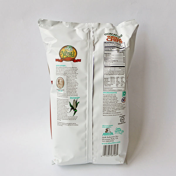 A bag of Nana's Cocina Guacamole Tortilla Chips, showing the product name and an image of the chips on the front.