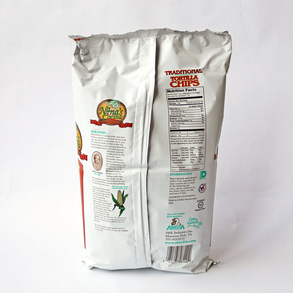 A bag of Nana's Cocina Traditional Tortilla Chips with a visible window showing the chips inside.