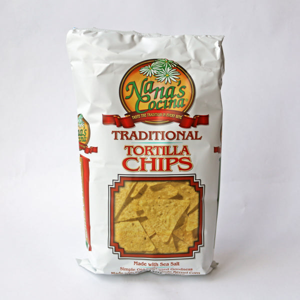 A bag of Nana's Cocina Traditional Tortilla Chips with a visible window showing the chips inside.