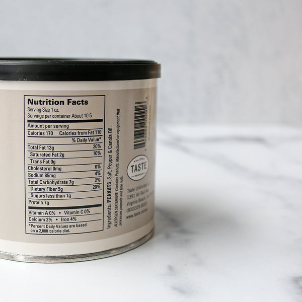 the rear of a canister labeled 'SALT & PEPPER PEANUTS' with a nutrition facts shown